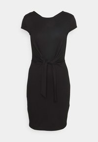 Černé šaty s krátkým rukávem, kulatým výstřihem a detailem uzlu v oblasti pasu, s přiléhavým střihem a hladkým textilním povrchem.