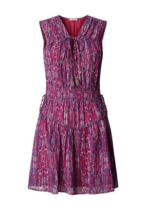 Varrukateta magenta värvi kleit lillade ja valgete abstraktsete mustritega, nööriga kaelusega, elastse vöökohaga ning lahtise, kihilise seelikuga.