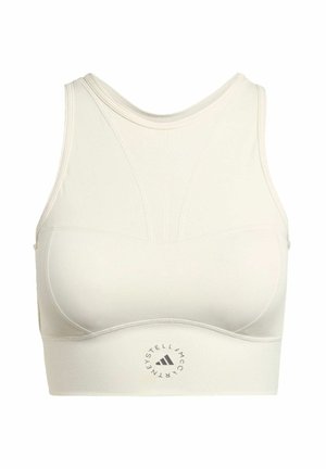 Witte sportbeha met een ronde halslijn, racerback ontwerp en textuurnaadwerk. Bevat een elastische band en een logo in het midden aan de voorkant.