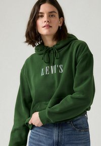 Sudadera verde hecha de suave algodón con capucha ajustable. Presenta un gran logo plateado de "LEVI'S" en el pecho y un bolsillo frontal.