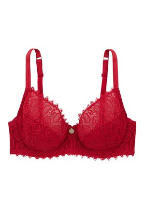 Soutien-gorge en dentelle rouge présentant des motifs géométriques, des bretelles ajustables, un bord festonné et un ornement central décoratif en ton doré.