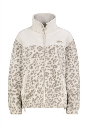 Fleece zip-up jacket featuring a cream and gray leopard print, high collar, and elastic cuffs. Includes side pockets and subtle branding detail.