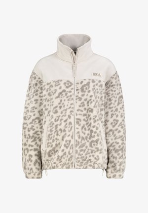 Fleecepullover mit Reißverschluss, versehen mit einem cremefarbenen und grauen Leopardenmuster, hohem Kragen und elastischen Bündchen. Mit seitlichen Taschen und dezentem Markenlogo.