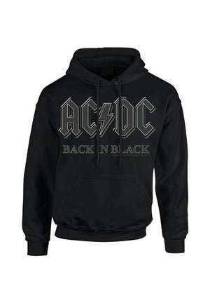 Czarna bluza z kapturem wykonana z miękkiego materiału, z kieszenią typu kangur z przodu i kapturem ze sznurkiem. Projekt przedstawia napis "AC/DC BACK IN BLACK" w wyrazistym tekście.