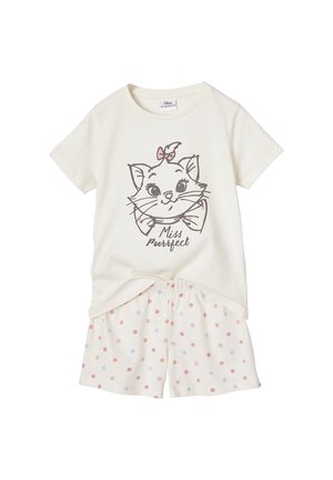 Children's cream-colored pajama set with short sleeves, featuring a cat face with a bow and "Miss Purrfect" text, paired with polka dot shorts.