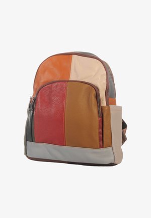 Small patchwork leather backpack with front pocket in red, orange, brown, beige, and gray sections, displayed against white background.