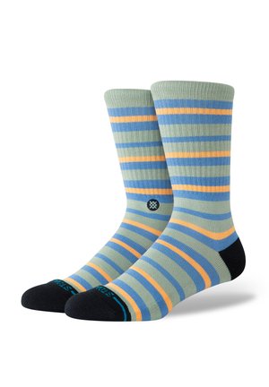 Gestreifte Socken in Hellgrün, Blau, Orange und Schwarz. Hergestellt aus weichem Material mit geripptem Bündchen und verstärkter Spitze.