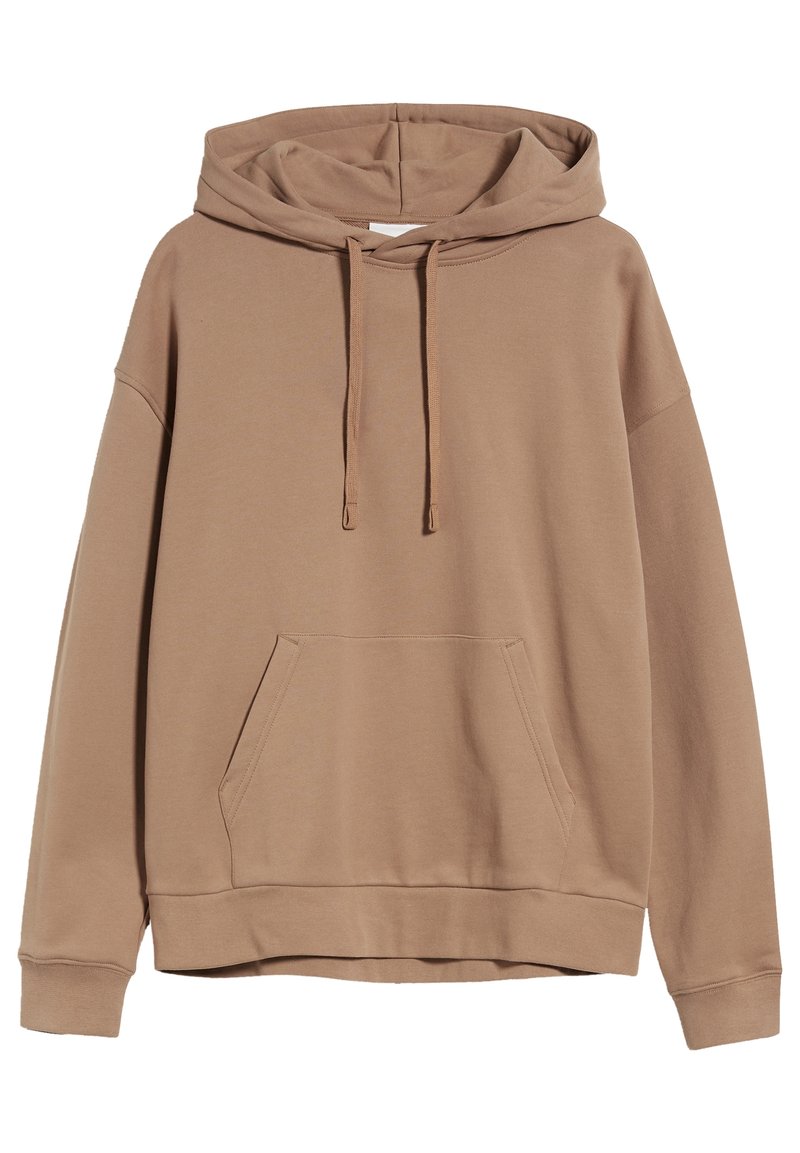 Sweat à capuche marron avec une poche kangourou, un cordon de serrage et des poignets côtelés. Fabriqué en tissu doux, avec une coupe décontractée et un design minimaliste.