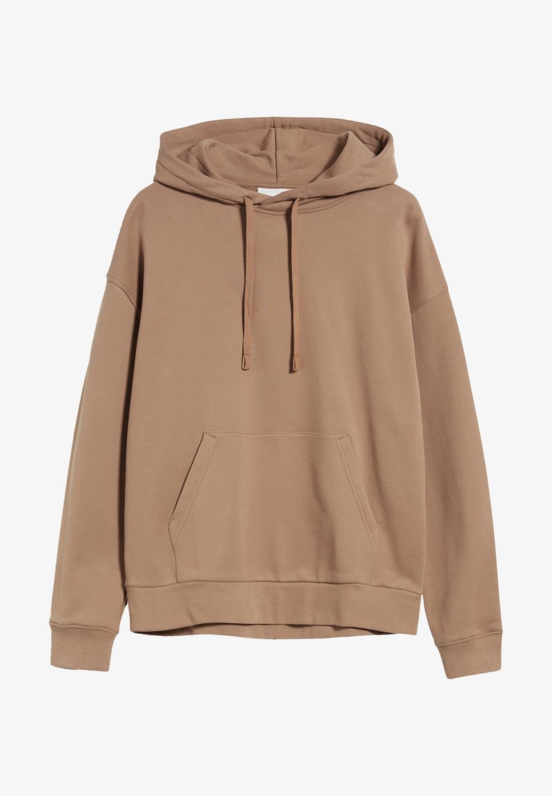 Sweat à capuche marron avec une poche kangourou, un cordon de serrage et des poignets côtelés. Fabriqué en tissu doux, avec une coupe décontractée et un design minimaliste.