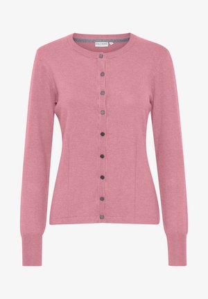 Lyserød cardigan med lange ærmer, rund halsudskæring og knaplukning. Har sorte knapper og en tætsiddende pasform. Glat strikket tekstur.