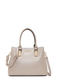 Sac à main en simili cuir beige avec des accessoires dorés, deux poignées supérieures, une bandoulière amovible et une silhouette structurée élégante.