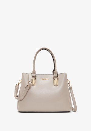 Beige nepleer handtas met gouden hardware, dubbele bovenhandvatten, afneembare schouderriem en een slanke, gestructureerde silhouet.