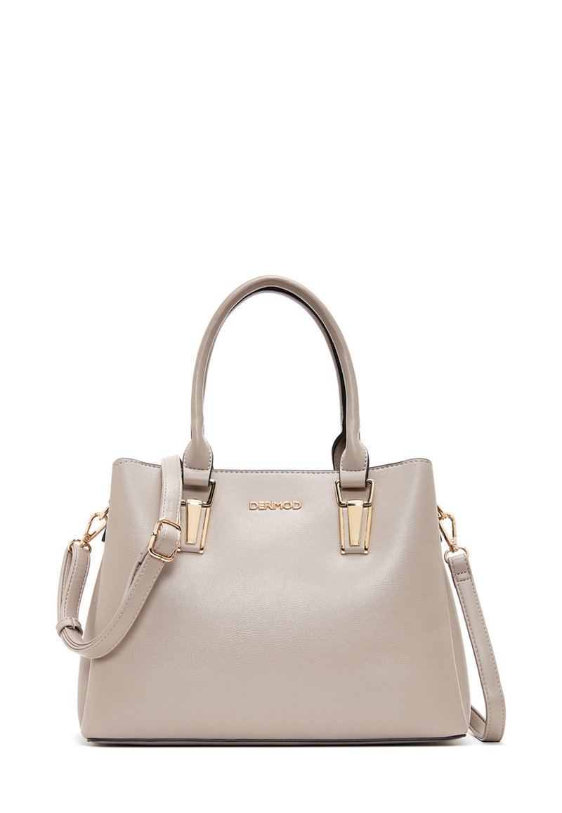 Borsa in ecopelle beige con hardware dorato, doppio manico superiore, tracolla staccabile e una silhouette elegante e strutturata.