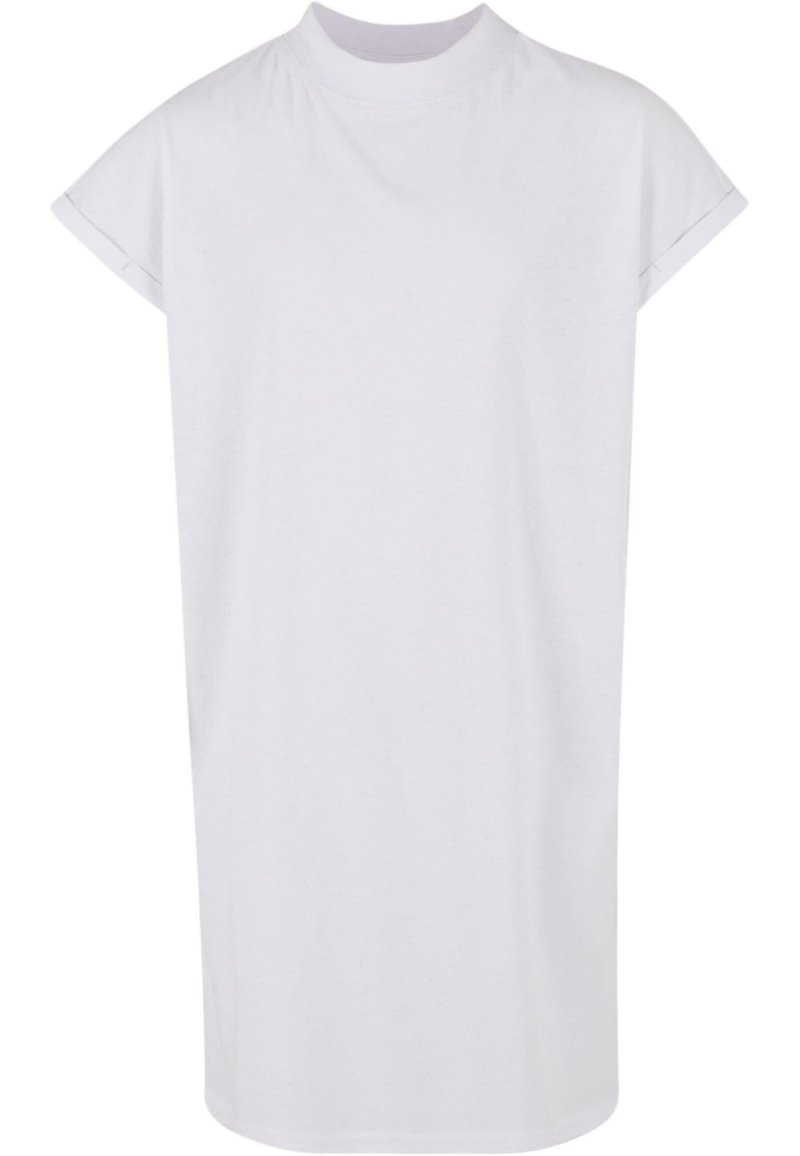 Vit bomulls t-shirt klänning med hög hals, korta ärmar och en lös, rak passform. Slät textur och minimalistisk design.