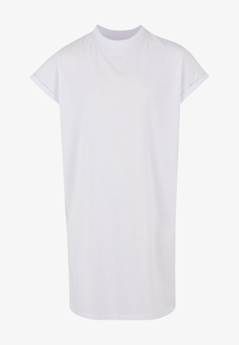 Valge puuvillane T-särk kleit kõrge kaelusega, lühikeste varrukatega ja lõdva, sirge lõiguga. Sujuv tekstuur ja minimalistlik disain.