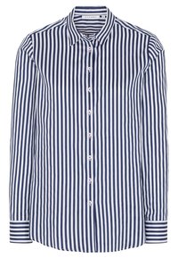 Navy and white striped button-up shirt, featuring a classic collar, long sleeves, and contrasting buttons with small red accents.