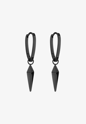 Schwarze Creolen mit spitzen, facettierten Akzenten. Aus Metall gefertigt, mit einer glatten Oberfläche und einem minimalistischen Design.