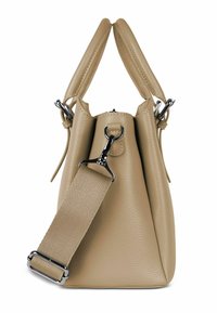 Borsa a tracolla in pelle beige con superficie texturizzata, doppi manici e tracolla in tessuto staccabile. Presenta finiture in metallo argentato e chiusura a zip.