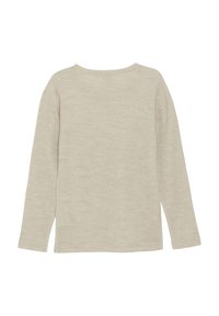 Ljust beige långärmad topp, ribbad textur, rund halsringning, sidoklyftor, mjukt tyg och avslappnad passform. Bakifrån utan grafik eller detaljer.