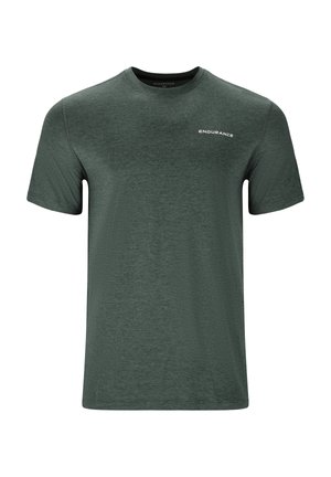 Grünes Rundhalsausschnitt-T-Shirt aus leichtem Stoff, mit flachen Nähten und einem kleinen weißen "ENDURANCE"-Logo auf der Brust.