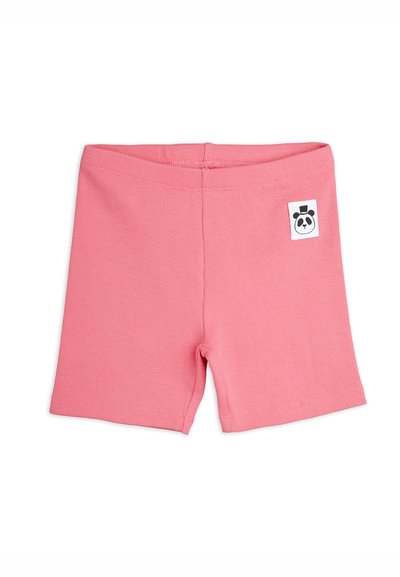 Shorts pour tout-petit en tissu côtelé rose avec taille élastique et petit patch logo visage de panda sur le côté droit.