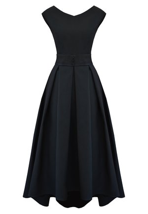Czarna sukienka w kształcie litery A z dekoltem w kształcie litery V, krótkimi rękawami i plisowanym dołem. Posiada dopasowaną talię z guzikiem z tyłu.