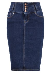 Mörk denim blyertskjol med hög midja, fem knappstängning, framfickor och kontrasterande sömnadsdetaljer. Slät textur och åtsittande form.