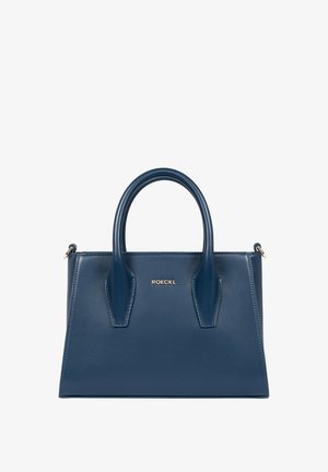Navy leather handbag with a structured design, dual top handles, and a gold logo accent. Features a smooth, glossy finish.