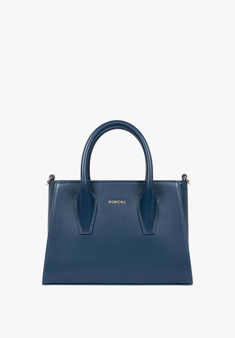 Marineblaue Lederhandtasche mit strukturiertem Design, doppelten Obergriffen und einem goldenen Logo-Element. Verfügt über eine glatte, glänzende Oberfläche.