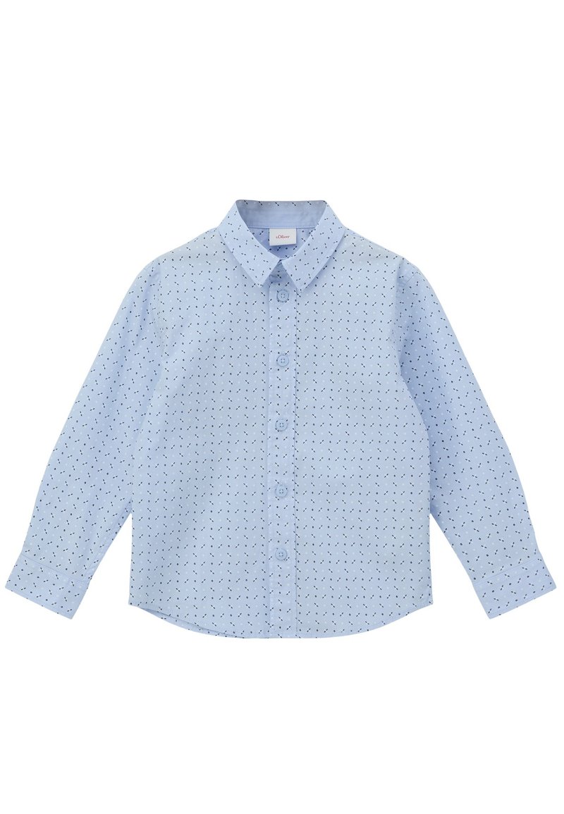 Helleblaue, knöpfbare Hemd mit langen Ärmeln und Kragen, das ein zartes dunkles Muster aufweist; aus glattem Stoff gefertigt.