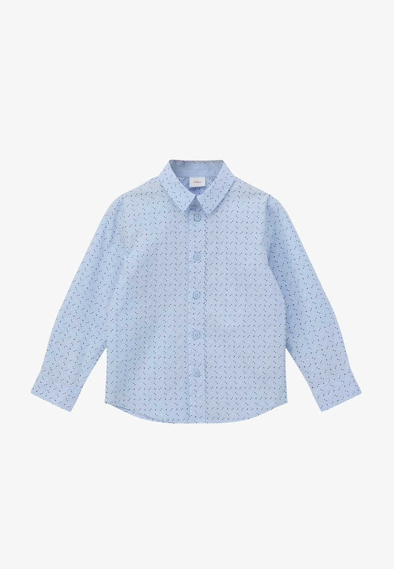 Lichtblauw overhemd met lange mouwen en kraag, voorzien van een subtiel donker patroon door het hele shirt; gemaakt van gladde stof.