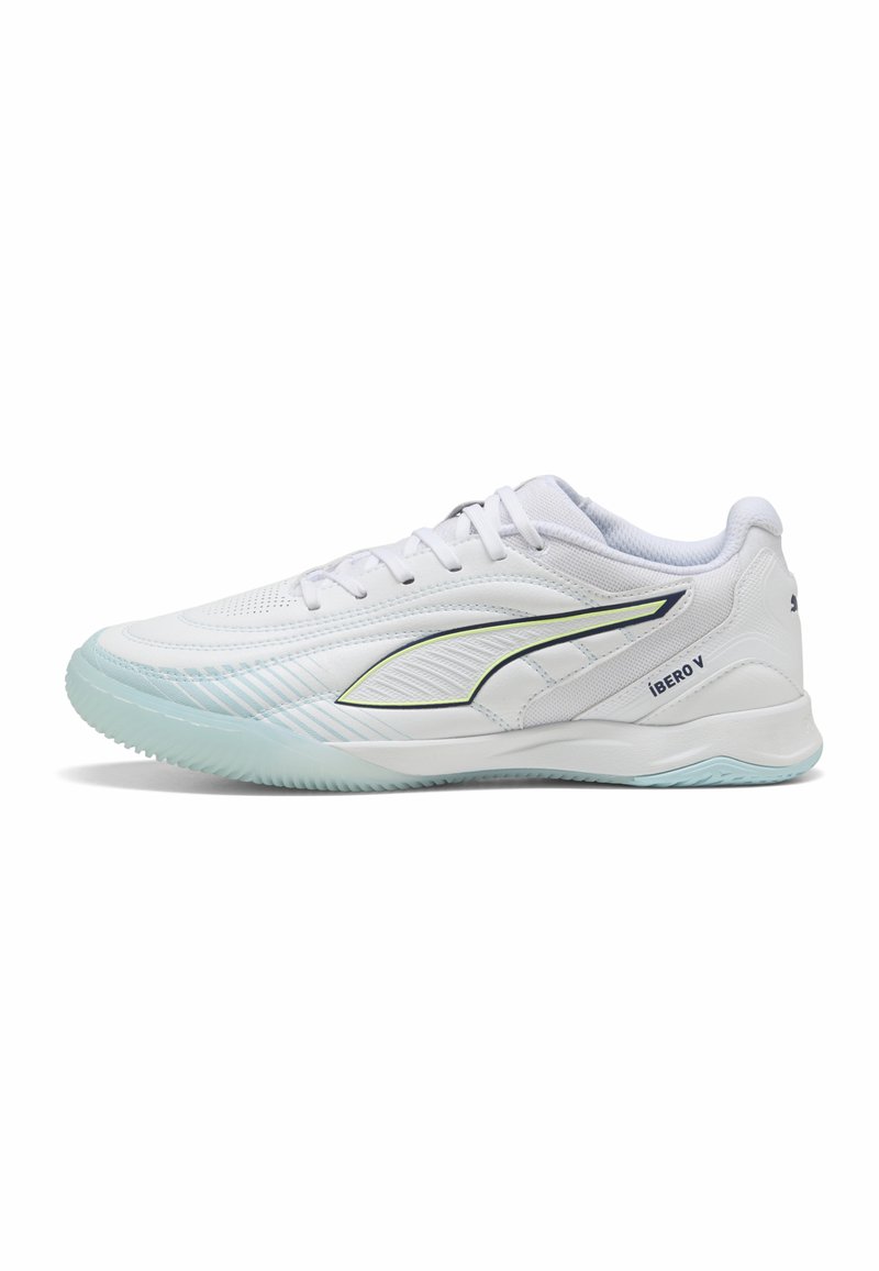 White athletic shoe with a mesh upper and textured synthetic overlays. Features a light blue outsole and a subtle yellow accent on the side.