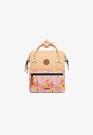 Tan corduroy backpack with a floral-patterned lower section in pink, orange, and white. Features dual handles, a zipper pocket, and logo.