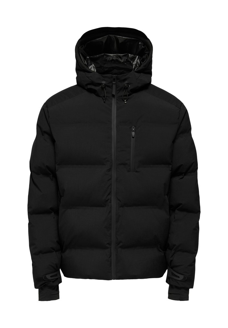 Black insulated jacket with a zippered front, adjustable hood, and elastic cuffs. Features quilted texture and a chest pocket.