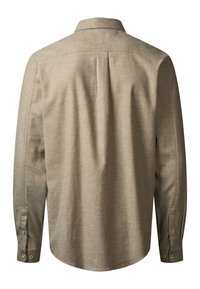 Beige langärmliges Freizeithemd mit geknöpften Manschetten und einem Mittelrückenfaltenschlitz, von hinten auf einem weißen Hintergrund gezeigt.