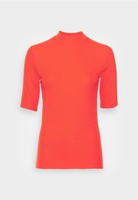 Tajt, ribbat orange topp med hög krage och korta ärmar, designad för en slank silhuett med en jämn textur.