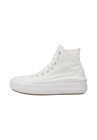 Baskets montantes en toile blanche avec une semelle épaisse en caoutchouc et des œillets métalliques pour les lacets, vues de profil sur fond blanc.