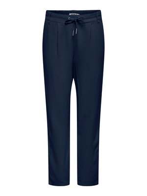 Pantaloni casual blu navy a gamba dritta con vita elastica e coulisse frontale, dotati di tasche laterali e dettagli plissettati sotto la vita.