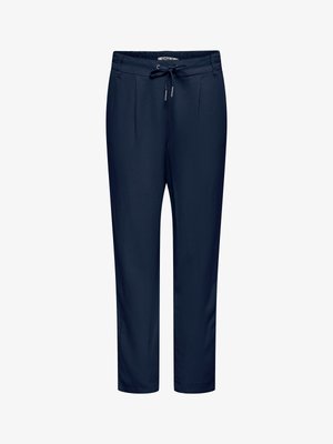 Pantaloni casual blu navy a gamba dritta con vita elastica e coulisse frontale, dotati di tasche laterali e dettagli plissettati sotto la vita.