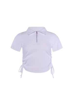 White short-sleeve polo shirt with a front zipper and adjustable drawstrings on each side near the bottom hem.