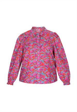 Camicia con bottoni caratterizzata da un vivace motivo floreale in rosa, rosso e blu su uno sfondo chiaro. Tasche frontali e polsini elasticizzati.