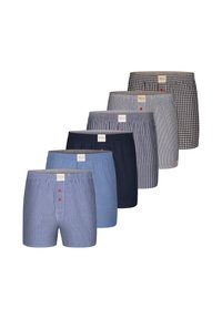 Sei paia di boxer da uomo in vari colori: blu scuro, blu e motivi a quadri, con cinturini elastici e dettagli con bottoni.