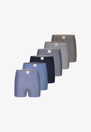 Sechs Paar Herrenboxershorts in verschiedenen Farben: marineblau, blau und karierten Mustern, mit elastischen Bündchen und Knopfdetails.
