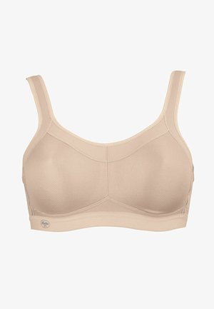 Beige Sport-BH mit Netzdetails, verstellbaren Trägern und einem breiten Bund. Verfügt über verstärkte Nähte für Unterstützung und ein Logo-Tag am unteren Rand.