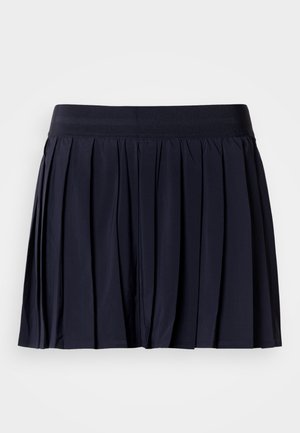 Marineblauwe geplooide rok met een brede elastische tailleband. Gemaakt van lichtgewicht stof, met een gladde textuur en een uitlopende vorm.