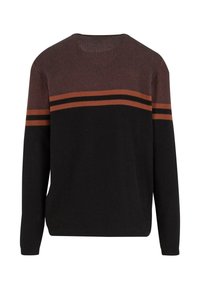 Sweter robiony na drutach o czarnym torsie, fakturowanym materiale oraz poziomych paskach w kolorze bordowym i pomarańczowym w górnej części. Długie rękawy, okrągły dekolt.