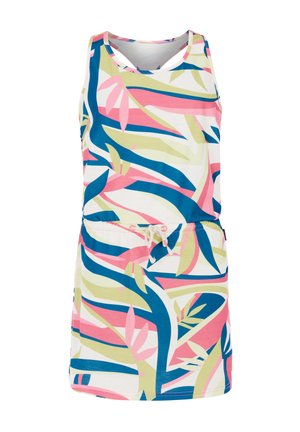 Mouwloze jurk met een multicolore bladenpatroon in roze, blauw en groen, met een trekkoord in de taille en een ronde halslijn.