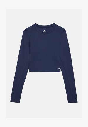 Marineblaues Langarm-Croptop aus glattem Stoff mit Rundhalsausschnitt und kleinem Logo auf der unteren rechten Seite.