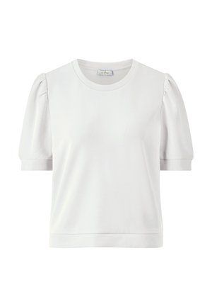 Haut blanc à manches courtes avec col rond, manches bouffantes et texture lisse. Disponible dans un design simple et uni.
