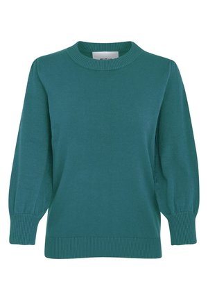 Teal gebreide trui met een ronde hals, lange puffmouwen en ribgebreide boorden en zoom. Gladde textuur met een casual ontwerp.